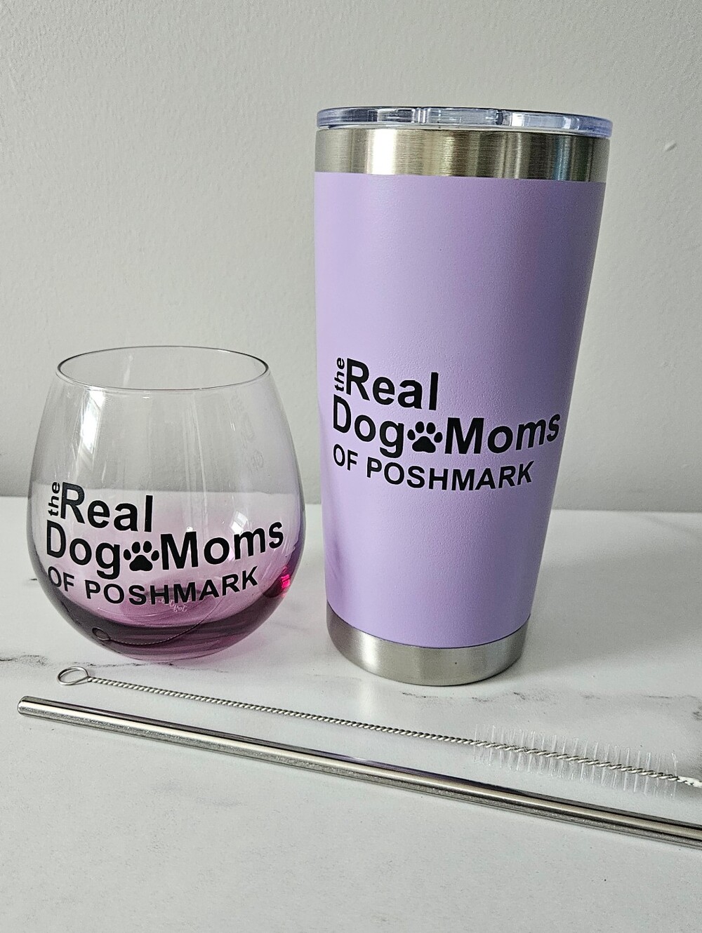 "The Real Dog Moms/Cat Moms Of Poshmark" Tumbler & Stemless Glass Wineglass Set - Picture 2 of 12